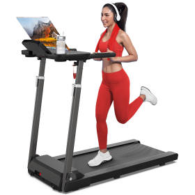 Treadmill with Desk Workstation and Adjustable Height with Bluetooth Speaker.