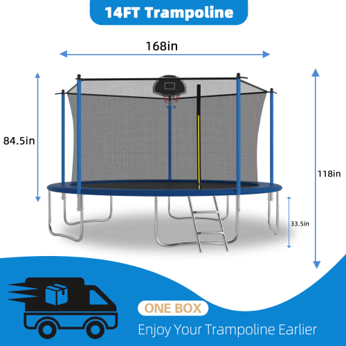 TRAMPOLINE INSIDE SAFETY NET WITH BASKETBALL HOOP