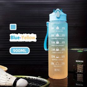32oz/900mL Motivational Water Bottle with Straw & Time Marker. Daily Water Intake Bottle with Carrying Strap. (Color: Blue-Yellow)