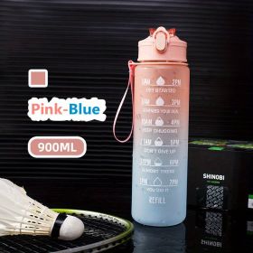 32oz/900mL Motivational Water Bottle with Straw & Time Marker. Daily Water Intake Bottle with Carrying Strap. (Color: Pink-Blue)