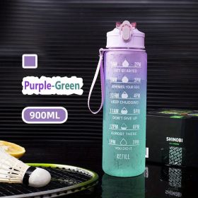 32oz/900mL Motivational Water Bottle with Straw & Time Marker. Daily Water Intake Bottle with Carrying Strap. (Color: Purple-Green)