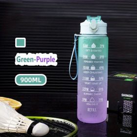 32oz/900mL Motivational Water Bottle with Straw & Time Marker. Daily Water Intake Bottle with Carrying Strap. (Color: Green-Purple)