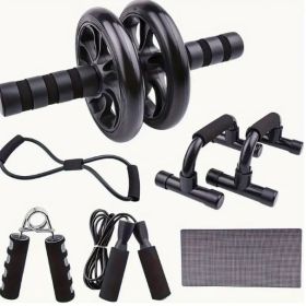 1 Set PP Material, Home Gym, Core & Strength Training Kit: AB Roller, Knee Mat, Push-Up Bars, Skipping Ropes, Resistance Bands, Hand Grippers. (Color: Black)